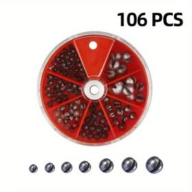 106/205pcs Round Split Shot Weights Set; Removable Split Shot Dispenser; Fishing Weights Sinkers; Fishing Tackle Accessories (quantity: Red-106pcs)