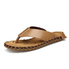 Men Flip Flops Leather Summer Designer Men's Slippers Outdoor Sandals Lightweight Mens Slides Casual Beach Shoes Zapatos Hombre (Color: Light Brown, size: 10)