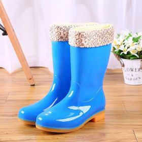 Mid-tube Rain Boots Women Non-slip Rain Boots Waterproof Shoes Overshoes Water Boots Fashion Plus Velvet Warm Women Work Shoesdr (Color: Blue plush, size: 39)