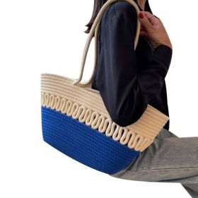 Large Capacity Beach Bag Straw Woven Bag Cotton Thread Woven Shoulder Bag Vegetable Basket (Color: Blue)