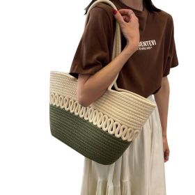 Large Capacity Beach Bag Straw Woven Bag Cotton Thread Woven Shoulder Bag Vegetable Basket (Color: Green)