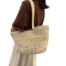 Large Capacity Beach Bag Straw Woven Bag Cotton Thread Woven Shoulder Bag Vegetable Basket (Color: Black)