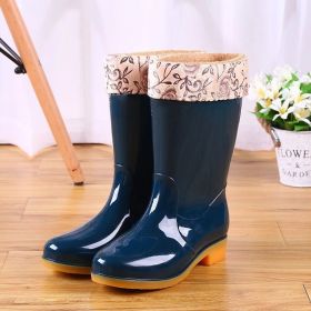 Mid-tube Rain Boots Women Non-slip Rain Boots Waterproof Shoes Overshoes Water Boots Fashion Plus Velvet Warm Women Work Shoesdr (Color: Dark green Plush, size: 40)