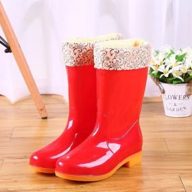 Mid-tube Rain Boots Women Non-slip Rain Boots Waterproof Shoes Overshoes Water Boots Fashion Plus Velvet Warm Women Work Shoesdr (Color: Red Plush, size: 39)