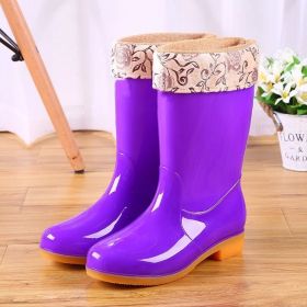 Mid-tube Rain Boots Women Non-slip Rain Boots Waterproof Shoes Overshoes Water Boots Fashion Plus Velvet Warm Women Work Shoesdr (Color: Purple velvety, size: 37)